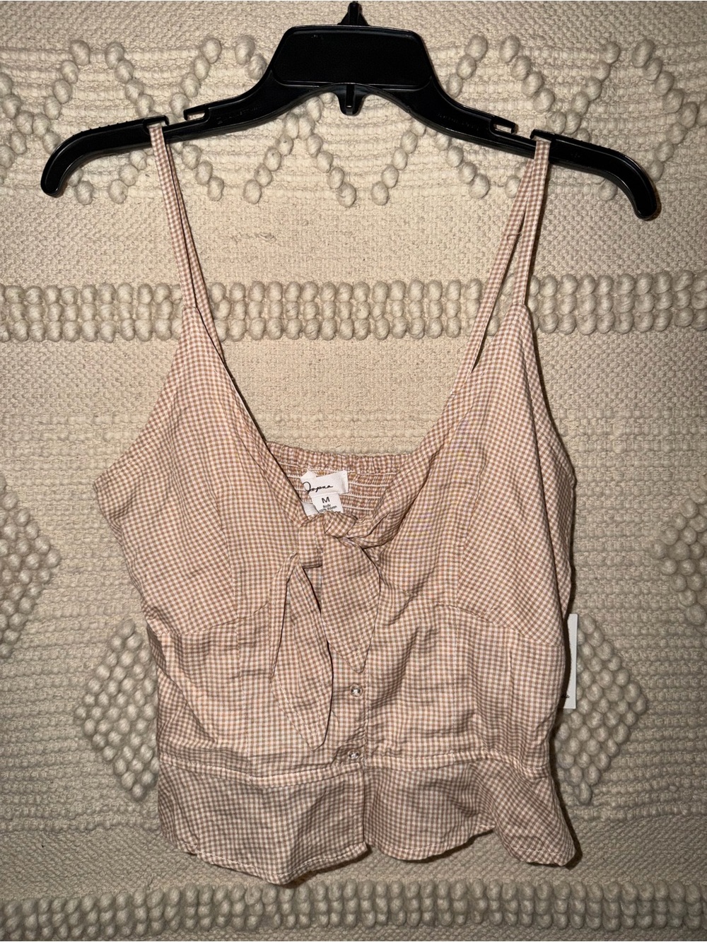 Gingham Tie-Front Spaghetti Strap Tank Top in Beige